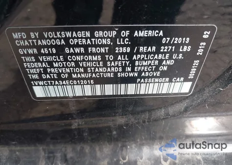 2014 Volkswagen Passat 1.8T Sel Premium z USA, uszkodzony, nr VIN 1VWCT7A34EC012015